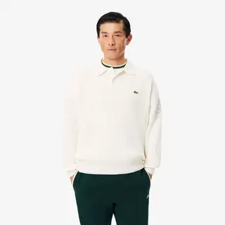 Lacoste Sweter Bawełniany Z Kołnierzykiem Polo I Wykonany We Francji Kremowy Męskie Biały
