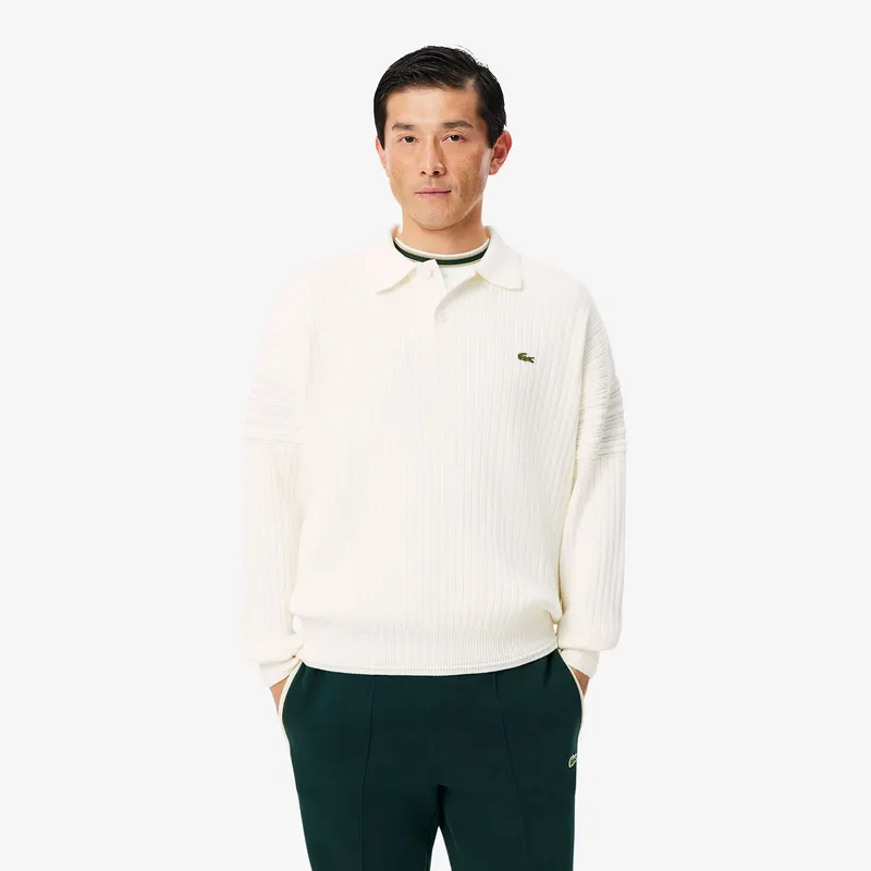 Lacoste Sweter Bawełniany Z Kołnierzykiem Polo I Wykonany We Francji Kremowy Męskie Biały