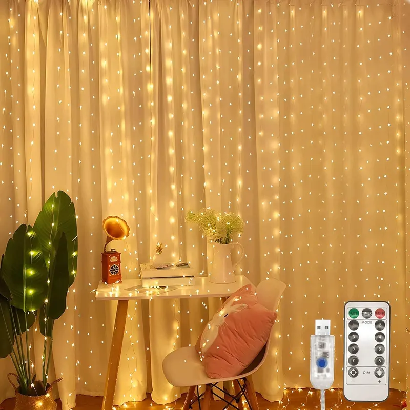 Kurtyna świetlna LED 3,6 x 3 m 360 diod USB 8 trybów ciepła biel