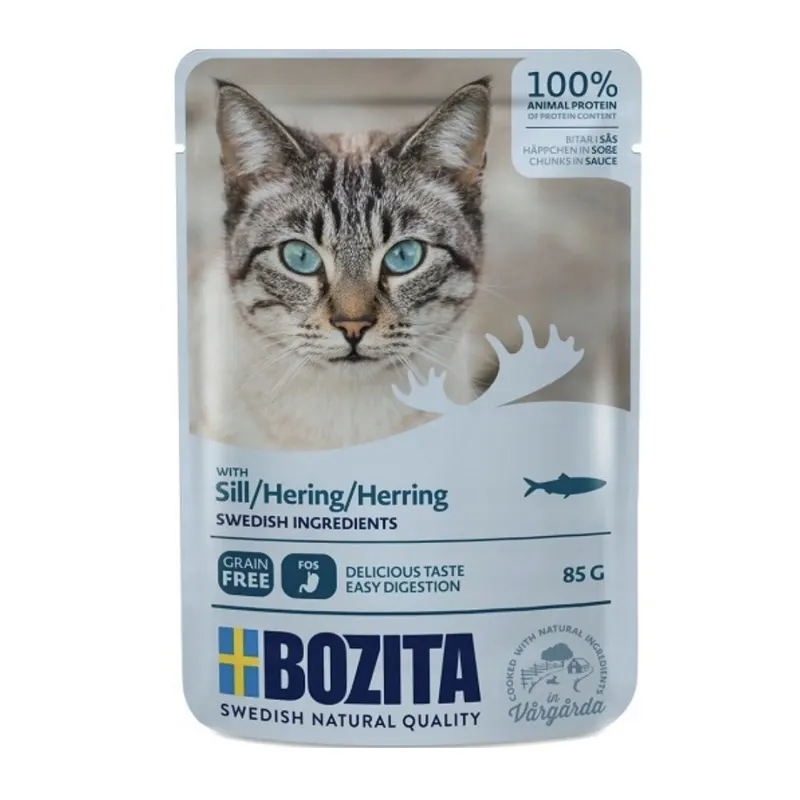 BOZITA Mięsne kawałki w sosie ze śledziem – mokra karma dla kota – 85g