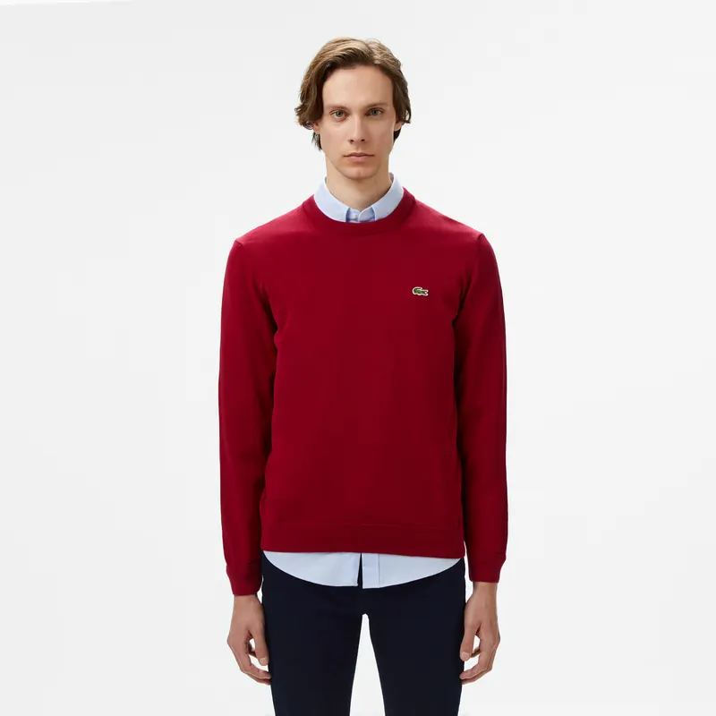 Lacoste Jednokolorowy Bawełniany Sweter Z Okrągłym Dekoltem Bordowy Męskie Bordowy