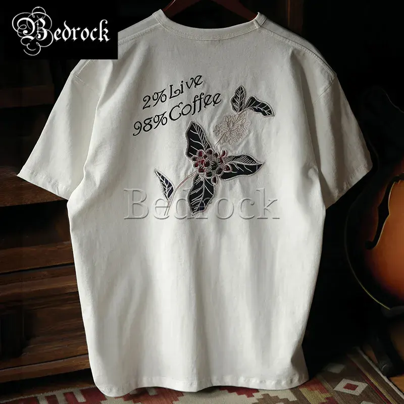 MBBCAR Men's White Tops Coffee Tree Fruit Applique Embroidered Batik Short Wide Black Round Neck Casual Short-sleeved T-shirt