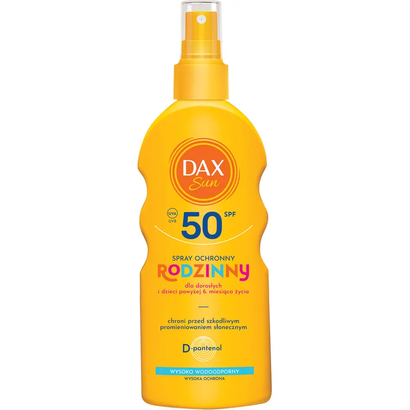 Dax Sun rodzinny spray ochronny SPF 50 z fotostabilnymi filtrami UVA/UVB, ekstraktem z bawełny, D-pantenolem i gliceryną 200 ml