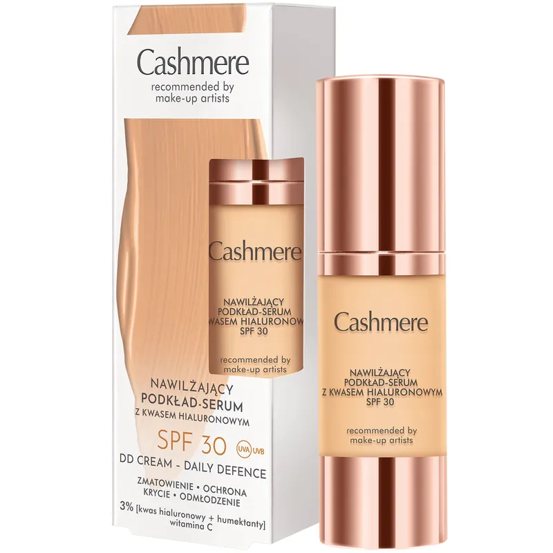 Cashmere DD nawilżający podkład-serum SPF 30 03 Warm Beige z kwasem hialuronowym, lekkim kryciem i pudrowo-matowym wykończeniem 30 ml