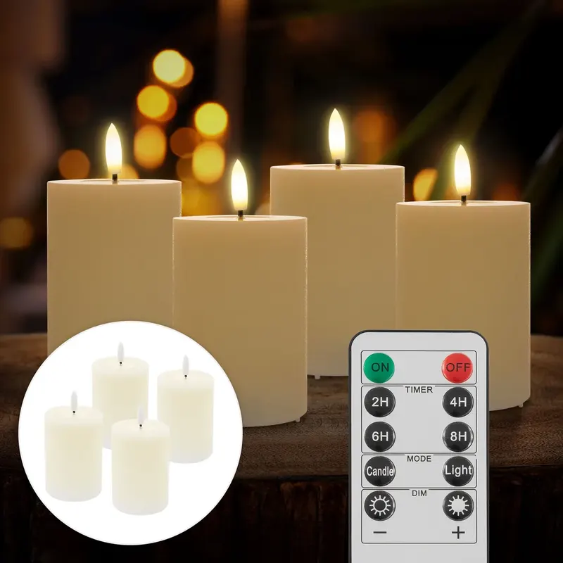 ECD Germany Świece LED 4 sztuki z prawdziwego wosku, ladowane przez USB, swieczki LED migoczace ciepla biel, regulowana intensywnosc z pilotem zdaln..