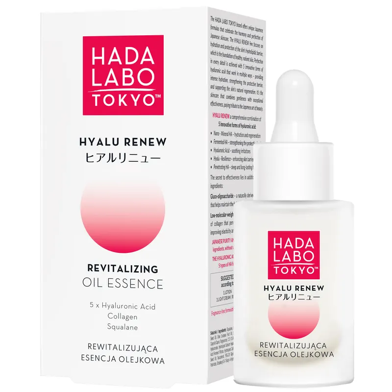 Hada Labo Tokyo Hyalu Renew rewitalizująca esencja olejkowa do twarzy z 5 formami kwasu hialuronowego, skwalanem, kolagenem i gluco-oligosacharydem 30 ml