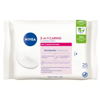 NIVEA 3w1 Łagodzące Chusteczki do Demakijażu Cera Sucha i Wrażliwa 25 Sztuk
