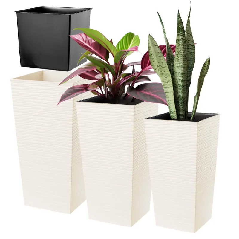 Donice na kwiaty z wkładem Tuluza dłuto 19 cm + 25 cm + 30 cm, kremowe