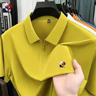 New Men's High Quality Silk Half Zipper Polo Shirt Summer Korean Edition Fashion Casual Silk Slippery Ice Cool Top
