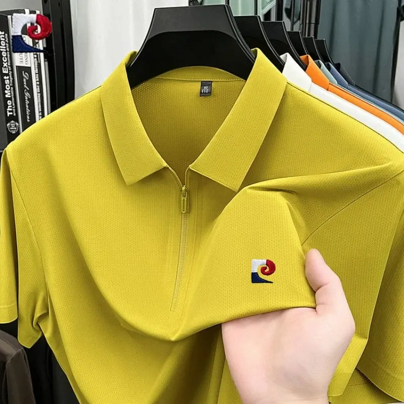 New Men's High Quality Silk Half Zipper Polo Shirt Summer Korean Edition Fashion Casual Silk Slippery Ice Cool Top