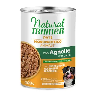 9 + 3 gratis! Natural Trainer, karma mokra, 12 x 400 g / 415 g - Pate Monoproteico Medium & Maxi Adult, jagnięcina i zboża pełnoziarniste, 12 x 400 g