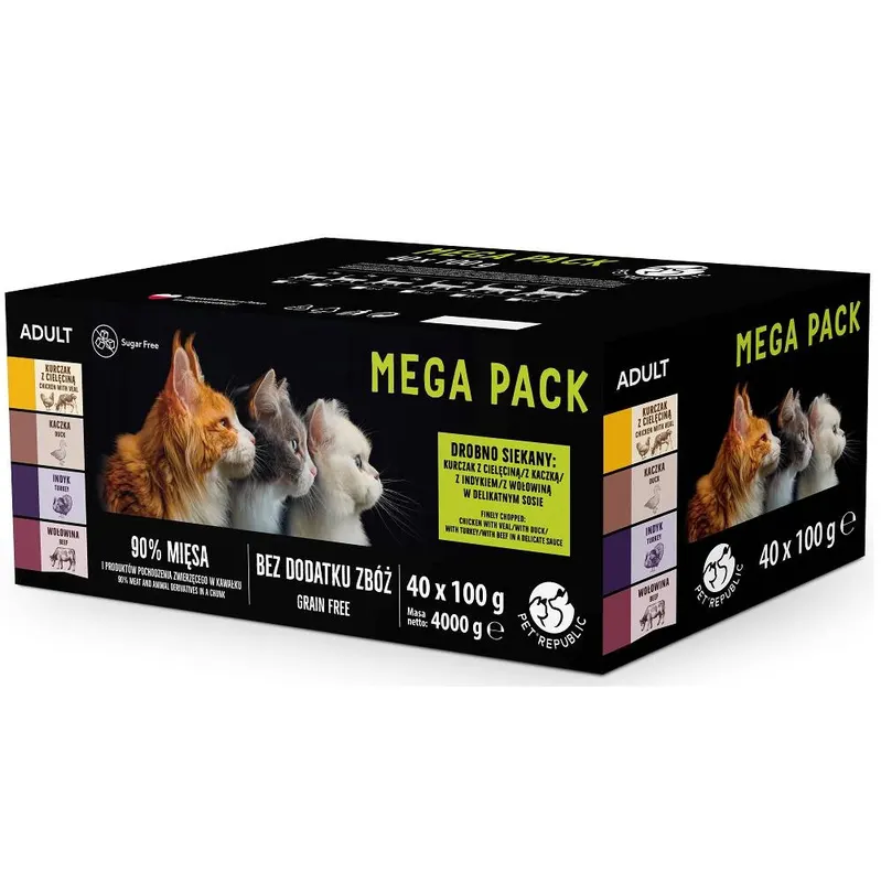 PETREPUBLIC Mega Pack Kurczak z cielęciną, Kaczka, Indyk, Wołowina Box - mokra karma dla kota - 40x100g