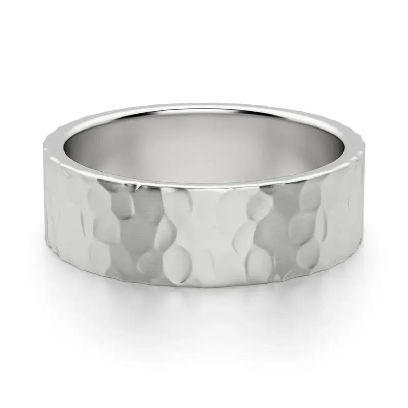 Hammered Flat Męska Obrączka Ślubna 6 MM 585 Białe Złoto (14K)