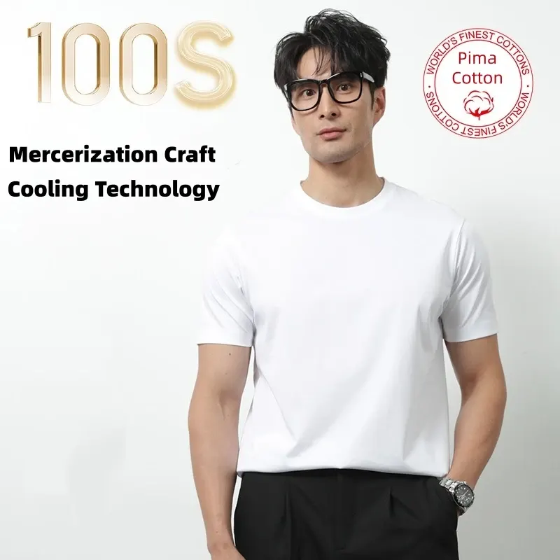 High End 100S Pima Cotton T-shirt for Man Cool & Quick Dry Ice Silk Feeling Cotton Solid Color Round Neck Summer Sportswear Tops