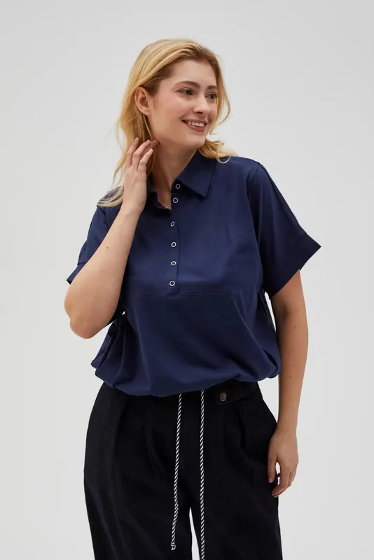 Bluza z kołnierzykiem i krótkimi rękawami granatowa