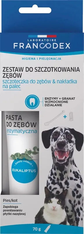 FRANCODEX Zestaw do szczotkowania zębów - szczoteczka, nakładka na palec i pasta do zębów 70 g - dla psa i kota