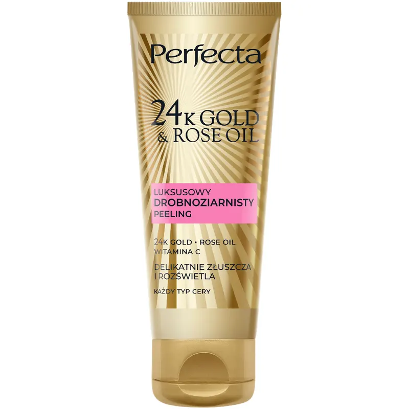 Perfecta 24K Gold&Rose Oil luksusowy drobnoziarnisty peeling do twarzy z 24K Gold, Rose Oil, witaminą C, D-pantenolem i betainą 75 ml