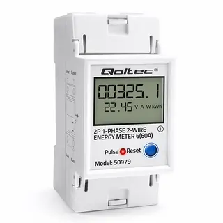 Qoltec Jednofazowy elektroniczny licznik zużycia energii na szynę DIN | RESET | licznik okresowy i stały | 230V | 60A | LCD | LED | 2P