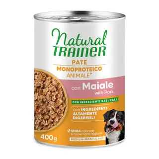 9 + 3 gratis! Natural Trainer, karma mokra, 12 x 400 g / 415 g - Pate Monoproteico Medium & Maxi Adult, wieprzowina i zboża pełnoziarniste, 12 x 400 g