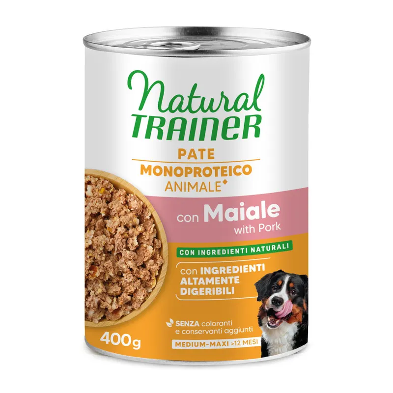 9 + 3 gratis! Natural Trainer, karma mokra, 12 x 400 g / 415 g - Pate Monoproteico Medium & Maxi Adult, wieprzowina i zboża pełnoziarniste, 12 x 400 g