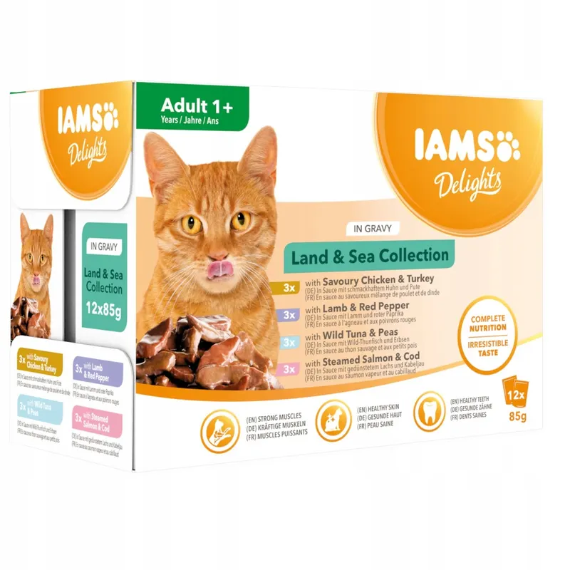 IAMS DELIGHTS Land & Sea Collection in Gravy box – mokra karma dla kota – 12x85g