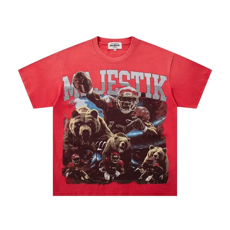 MAJESTIK American Retro Beaded Letter Print Short-Sleeved T-Shirt - Men's and Women's Street Casual Heavyweight Top