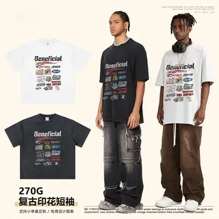 man clothes 270G Cotton Vintage Washed Oversized Beneficial Graphic T-Shirt Unisex Retro California Streetwear Casual