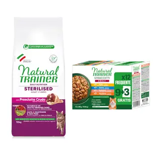 Natural Trainer: karma sucha, 10 kg + Straccetti Adult, paski w sosie, 12 x 85 g gratis! - Sterilised, z suszoną szynką