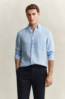 Gant Lniana Koszula Męska Z Długim Rękawem Regular Fit Niebieska
