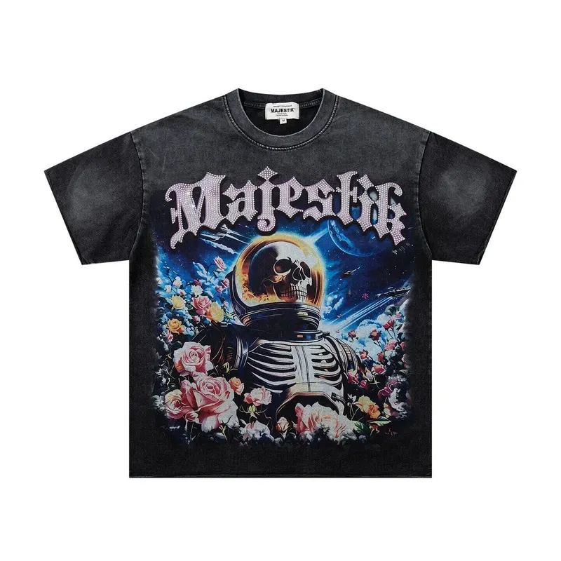 MAJESTIK Embroidered Diamond Skull Print Short-Sleeved T-Shirt, Washed and Weathered Loose Retro Top