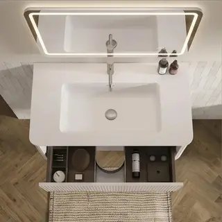 Zestaw mebli łazienkowych z lustrem, umywalka 80 cm z szafką pod umywalkę, częściowo zmontowana, szafka w paski z jedną szufladą, kolor biały, lustr..