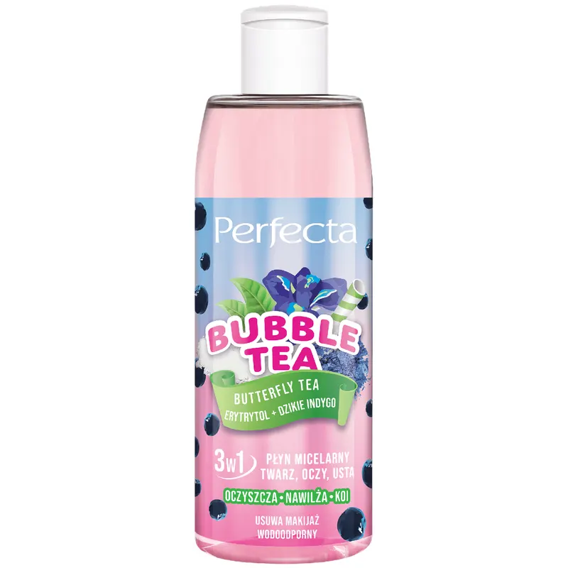 Perfecta Bubble Tea Butterfly Tea płyn micelarny 3w1 z erytrytolem, dzikim indygo, ekstraktem z niebieskiej i zielonej herbaty 300 ml