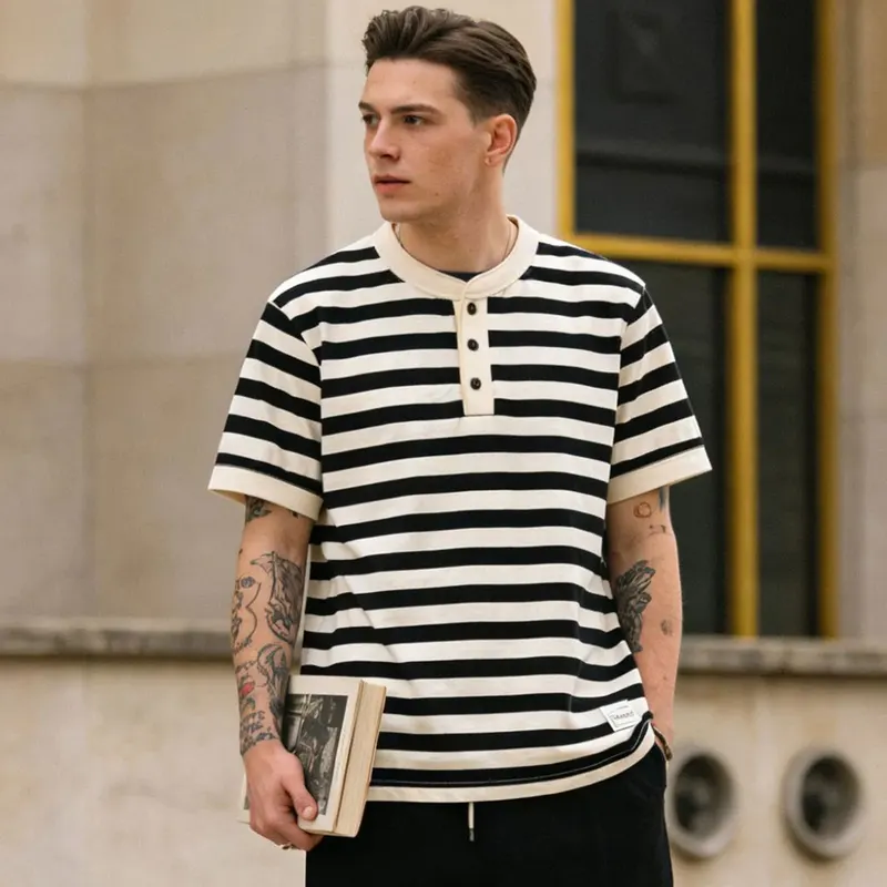 American Retro Amikaji 240g Heavy Duty Short Sleeve Striped Henley Neck T-shirt Sleeves Sea God Shirt Men's Casual Soft T-shirt