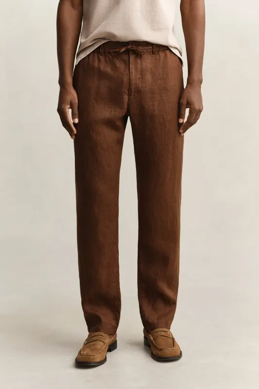 Gant Lniane Spodnie Męskie Regular Fit Brązowe