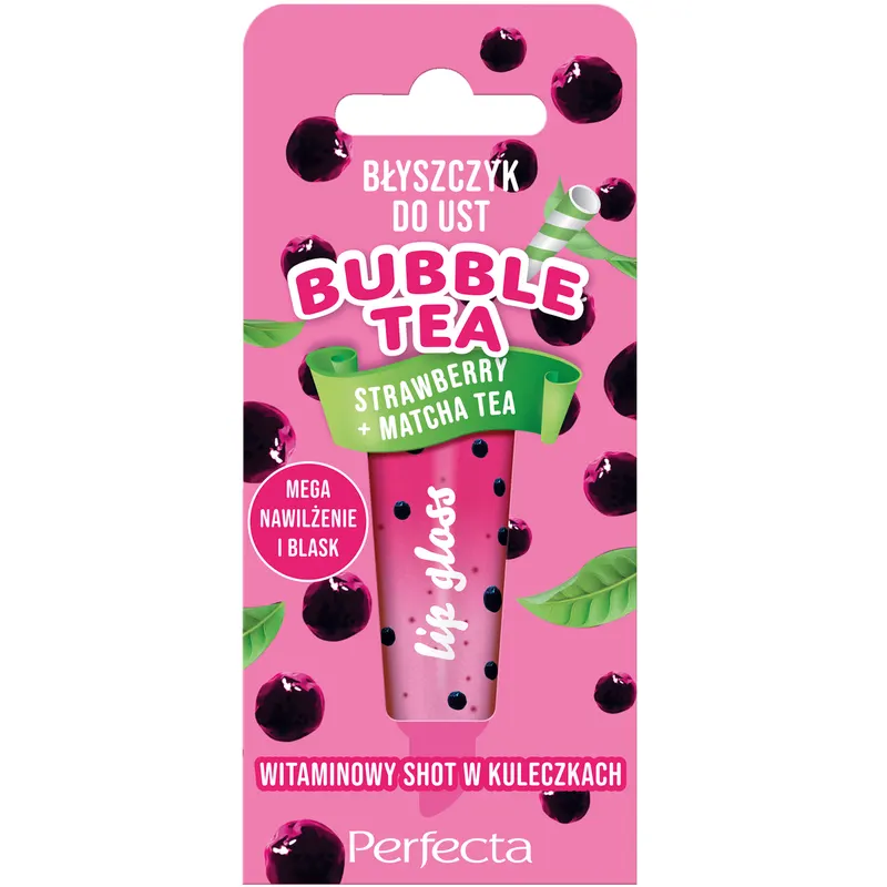 Perfecta Bubble Tea Strawberry + Matcha Tea błyszczyk do ust z masłem shea, olejem rycynowym, olejem migdałowym, ekstraktem z zielonej herbaty i witaminami C, E, F 10 g