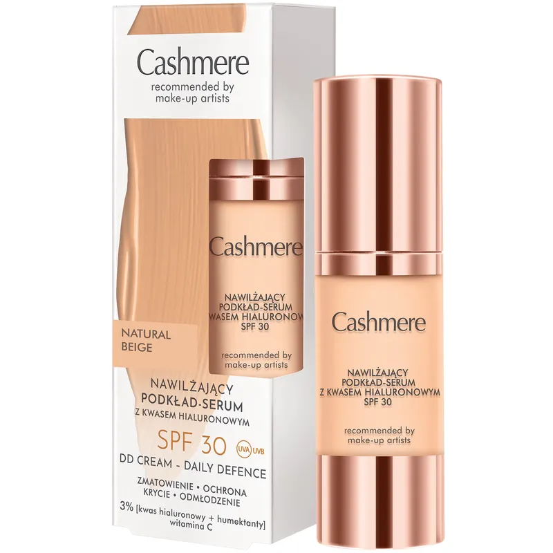 Cashmere DD nawilżający podkład-serum SPF 30 01 Natural Beige z kwasem hialuronowym, lekkim kryciem i pudrowo-matowym wykończeniem 30 ml