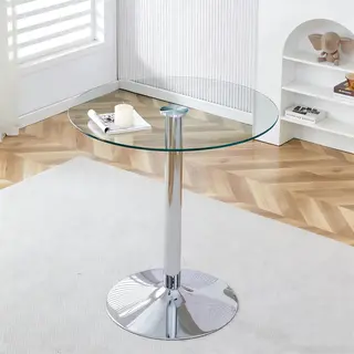 Nowoczesny, minimalistyczny stolik barowy ze szklanym blatem: o średnicy 89 cm i wysokości 92 cm, idealny wybór do stworzenia lekko luksusowej aranż..