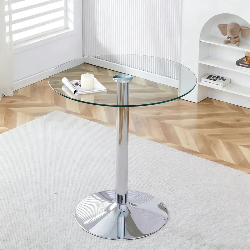 Nowoczesny, minimalistyczny stolik barowy ze szklanym blatem: o średnicy 89 cm i wysokości 92 cm, idealny wybór do stworzenia lekko luksusowej aranż..