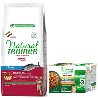 Natural Trainer: karma sucha, 10 kg + Straccetti Adult, paski w sosie, 12 x 85 g gratis! - Adult, tuńczyk