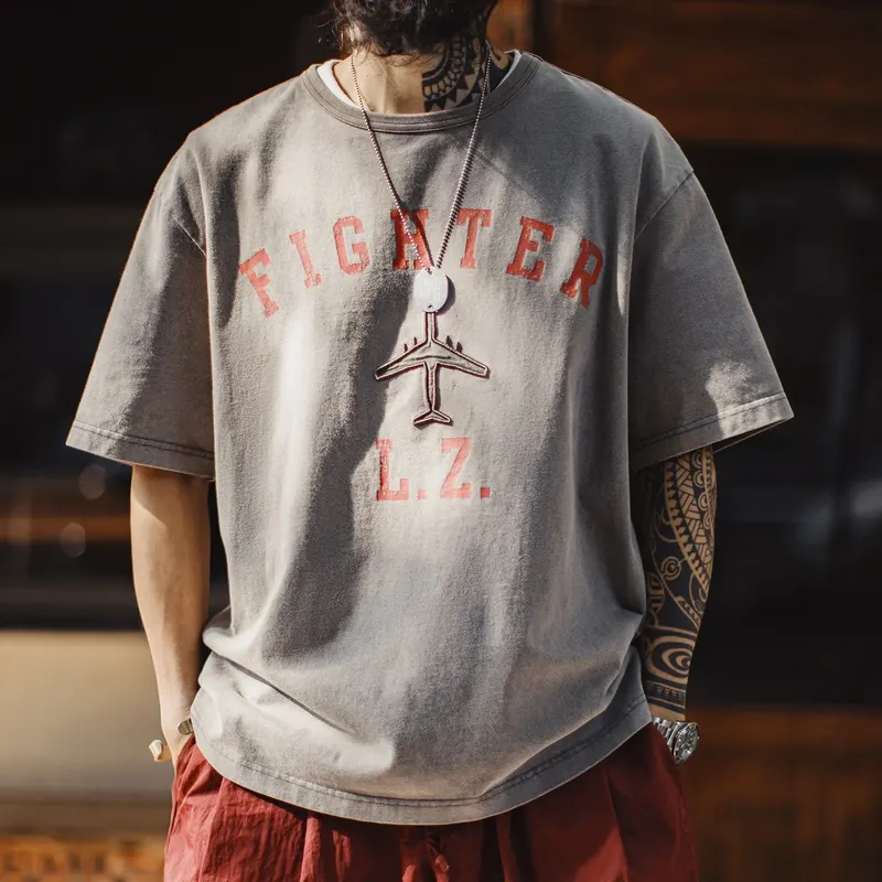 Maden Men's Vintage Fighter Plane Print T-Shirt Heavyweight Cotton Oversized Crew Neck Summer Casual Streetwear Tee Men's Tops