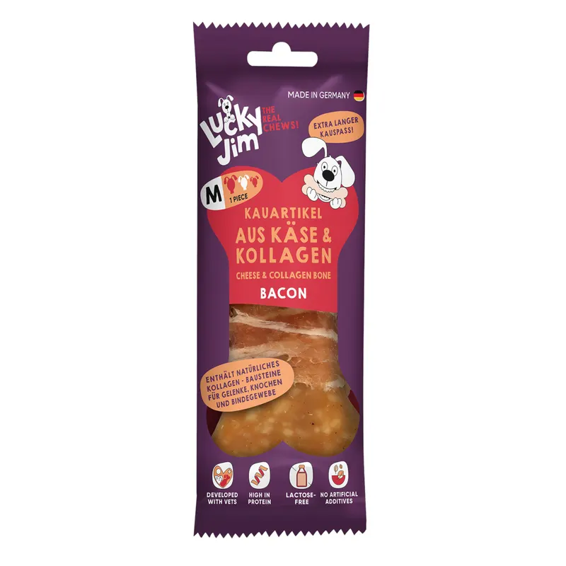 Lucky Jim Kość do żucia M - Ser i kolagen, bekon (3 x 60 g)