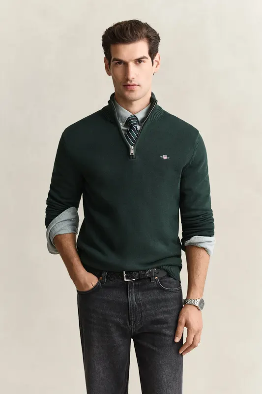 Gant Sweter Męski Z Zamkiem Do Połowy Regular Fit Zielony