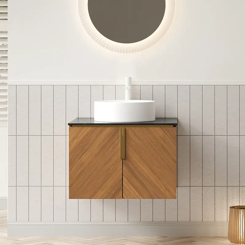 61 cm wisząca szafka łazienkowa z okrągłą białą umywalką ceramiczną, czarnym blatem ze spieku kwarcowego, szafką ze sklejki z 2 drzwiczkami, kolor b..