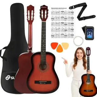 GITARA KLASYCZNA 4/4 DO NAUKI TUNER KOSTKI PASEK STRUNY POKROWIEC AKORDY
