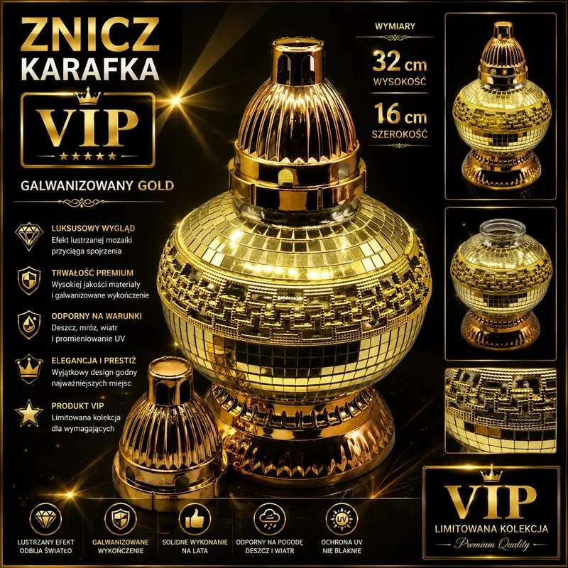 Znicz Karafka VIP Galwanizowany 32 cm Lustrzana Mozaika Premium ZŁOTO