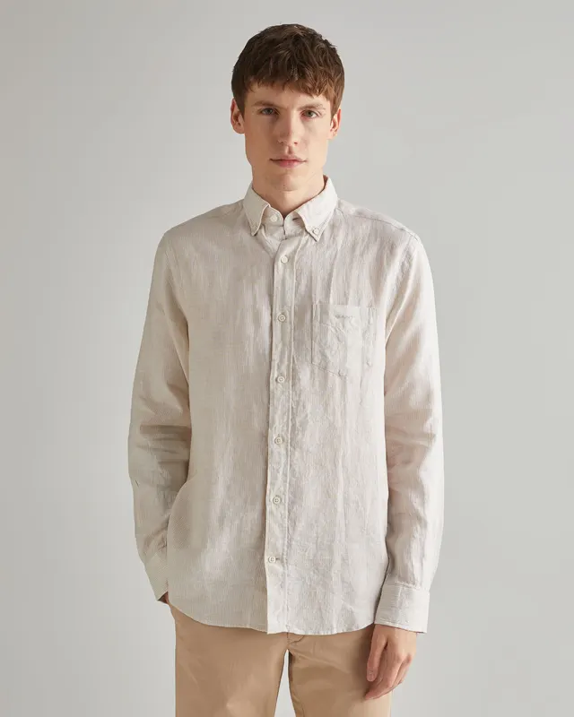 Gant Koszula Męska W Paski Z Długim Rękawem Regular Fit Beżowa
