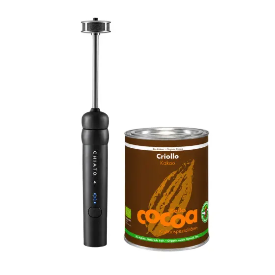 Zestaw: spieniacz do mleka CHiATO nanoPLAY i ekologiczne kakao Becks Cocoa Criollo – czarny