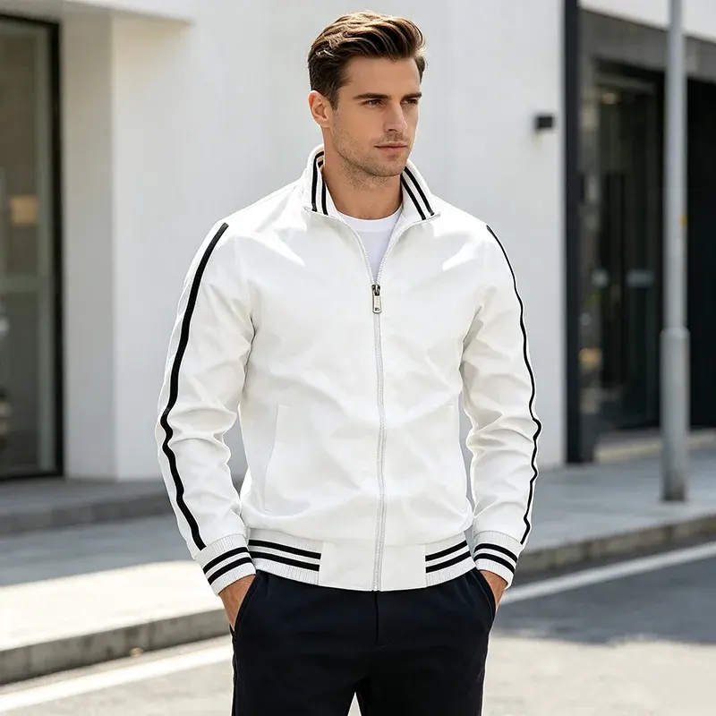 Striped Stand‑collar Sports Jacket Men Clothing Tees Women Tops Zipper‑Up Track Jacket Casual Side Pocket Windproof Outerwear