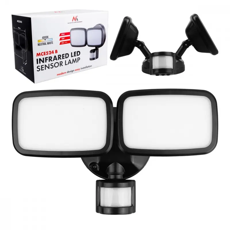 Maclean Ścienna lampa LED, czujnik PIR MCE524B 20W, 1500lm, IP65. neutral white 4000K, czarna