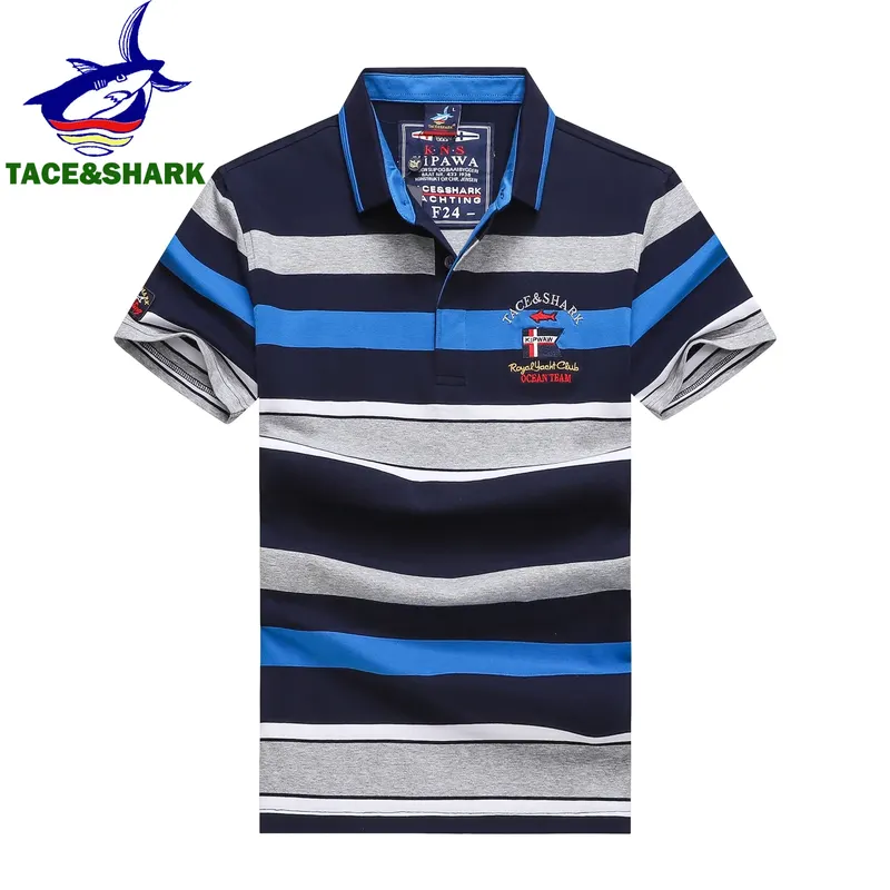 TACE&SHARK High Quality New Style Fashion Men Stripe Polos Homme Casual Embroidery Short Sleeve Polo Shirt Button
